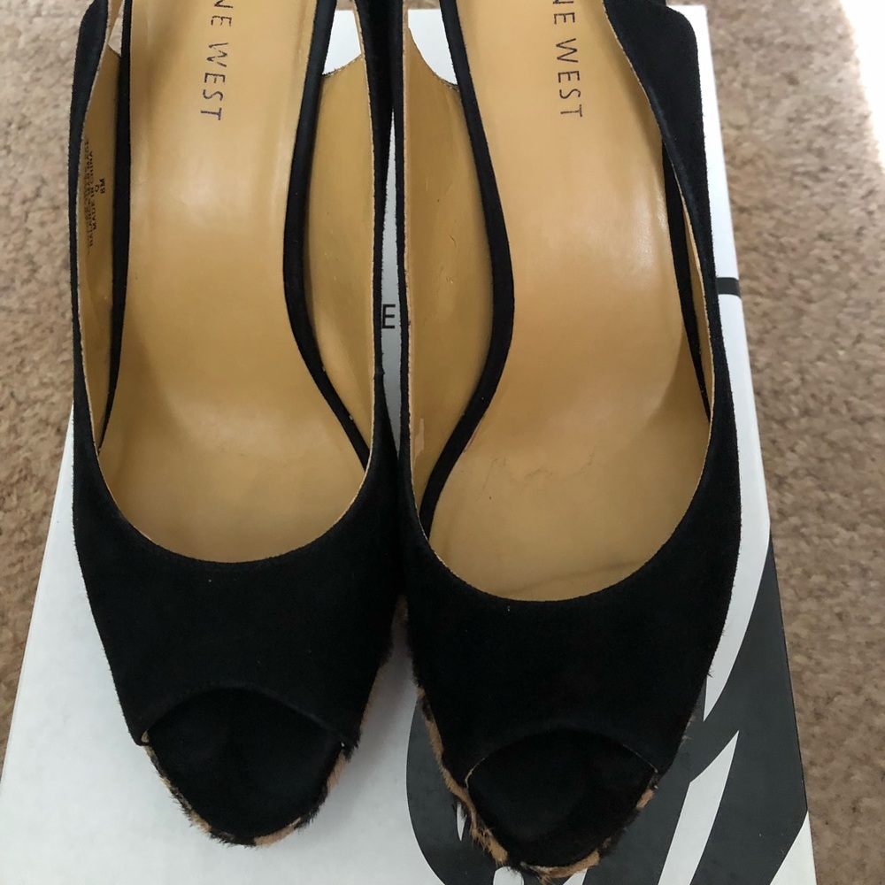 Nine West IWanto Black Suede Peeptoe Slingback Pumps size 8
